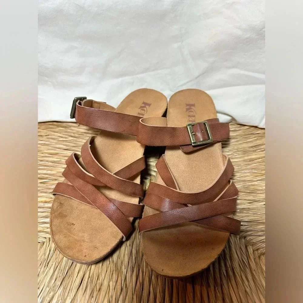 Korks by Kork-Ease Aster Brown Strappy Slide Leather Sandal Size 8 Buckle Comfy